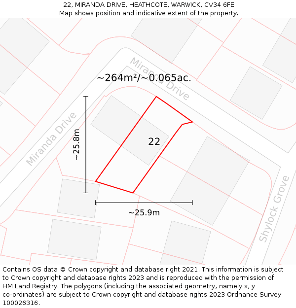 22, MIRANDA DRIVE, HEATHCOTE, WARWICK, CV34 6FE: Plot and title map