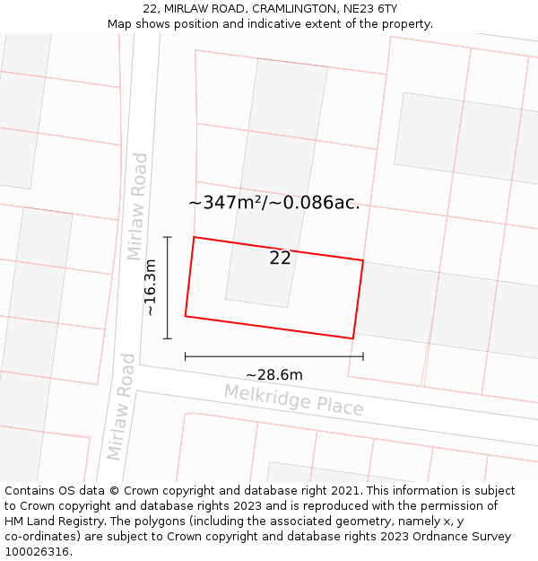 22, MIRLAW ROAD, CRAMLINGTON, NE23 6TY: Plot and title map