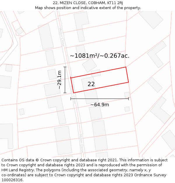 22, MIZEN CLOSE, COBHAM, KT11 2RJ: Plot and title map