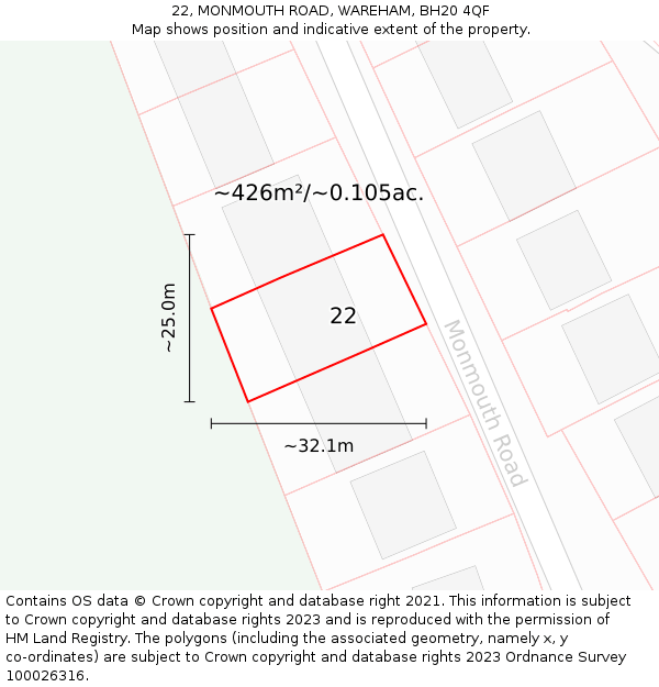 22, MONMOUTH ROAD, WAREHAM, BH20 4QF: Plot and title map