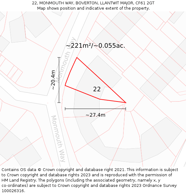 22, MONMOUTH WAY, BOVERTON, LLANTWIT MAJOR, CF61 2GT: Plot and title map