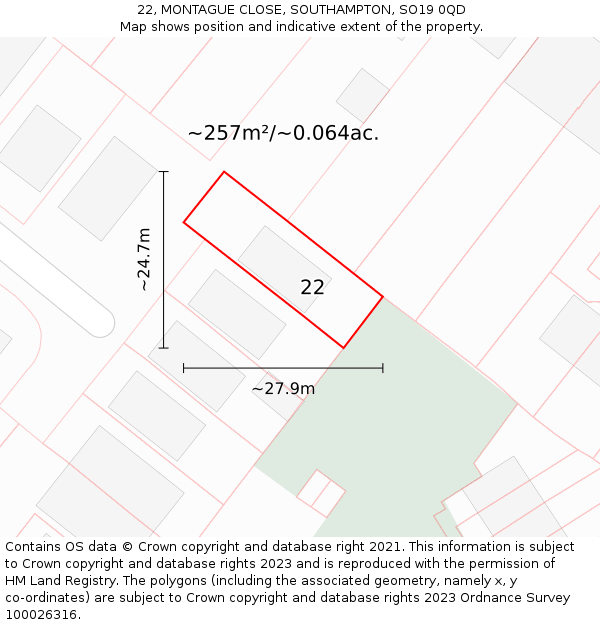 22, MONTAGUE CLOSE, SOUTHAMPTON, SO19 0QD: Plot and title map