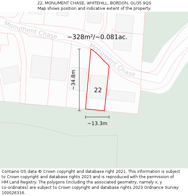 22, MONUMENT CHASE, WHITEHILL, BORDON, GU35 9QS: Plot and title map