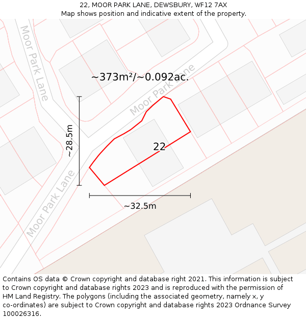 22, MOOR PARK LANE, DEWSBURY, WF12 7AX: Plot and title map