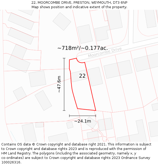 22, MOORCOMBE DRIVE, PRESTON, WEYMOUTH, DT3 6NP: Plot and title map