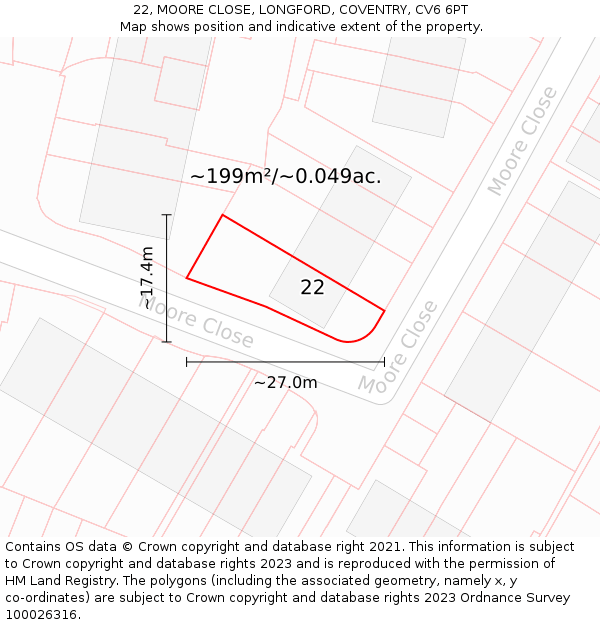 22, MOORE CLOSE, LONGFORD, COVENTRY, CV6 6PT: Plot and title map