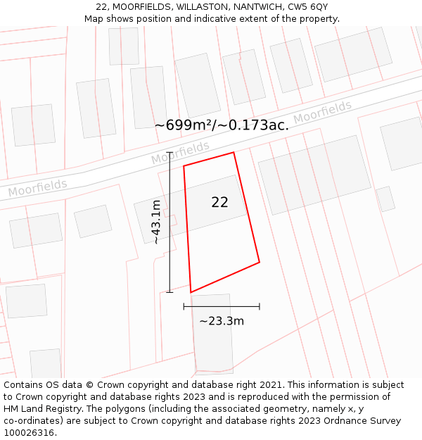 22, MOORFIELDS, WILLASTON, NANTWICH, CW5 6QY: Plot and title map