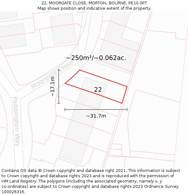 22, MOORGATE CLOSE, MORTON, BOURNE, PE10 0PT: Plot and title map