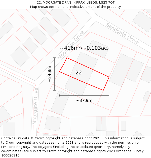 22, MOORGATE DRIVE, KIPPAX, LEEDS, LS25 7QT: Plot and title map