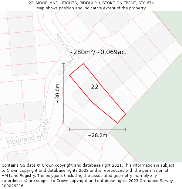 22, MOORLAND HEIGHTS, BIDDULPH, STOKE-ON-TRENT, ST8 6TN: Plot and title map