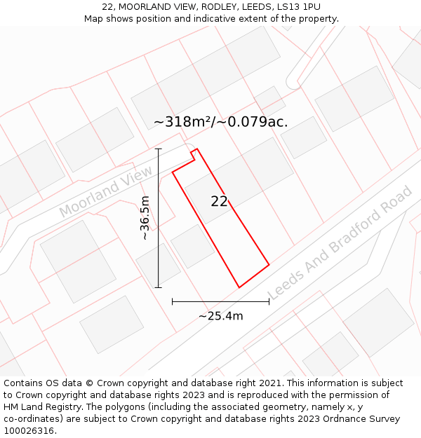 22, MOORLAND VIEW, RODLEY, LEEDS, LS13 1PU: Plot and title map