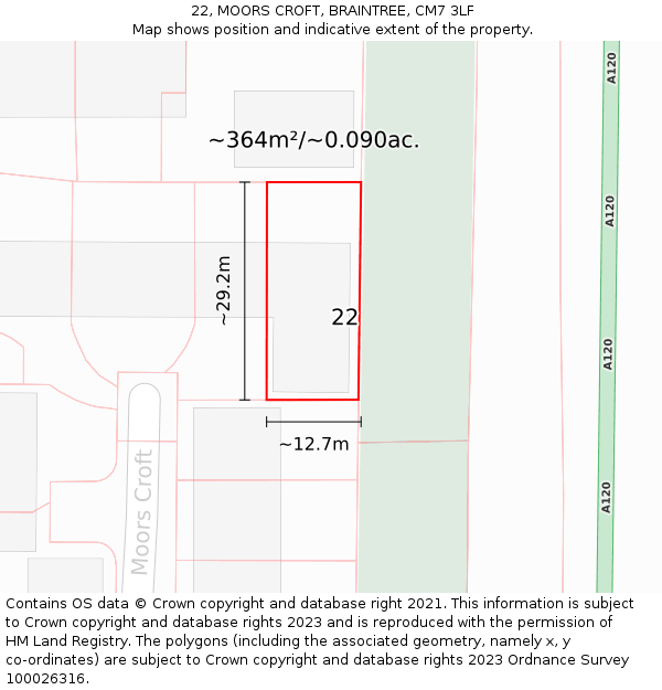 22, MOORS CROFT, BRAINTREE, CM7 3LF: Plot and title map