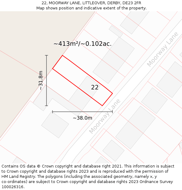 22, MOORWAY LANE, LITTLEOVER, DERBY, DE23 2FR: Plot and title map