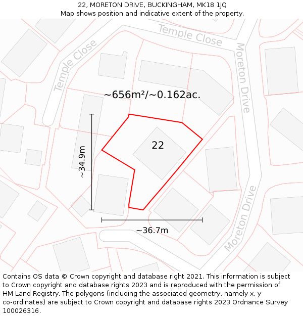 22, MORETON DRIVE, BUCKINGHAM, MK18 1JQ: Plot and title map
