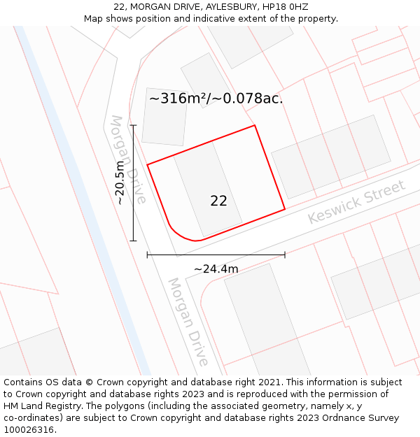 22, MORGAN DRIVE, AYLESBURY, HP18 0HZ: Plot and title map