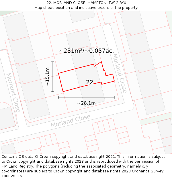 22, MORLAND CLOSE, HAMPTON, TW12 3YX: Plot and title map