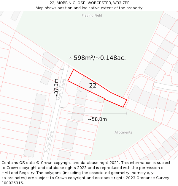 22, MORRIN CLOSE, WORCESTER, WR3 7PF: Plot and title map
