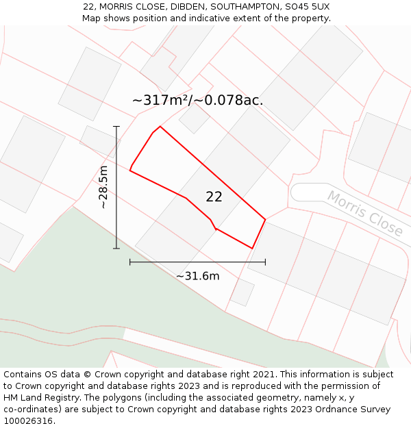 22, MORRIS CLOSE, DIBDEN, SOUTHAMPTON, SO45 5UX: Plot and title map