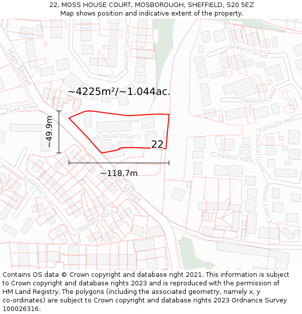 22, MOSS HOUSE COURT, MOSBOROUGH, SHEFFIELD, S20 5EZ: Plot and title map