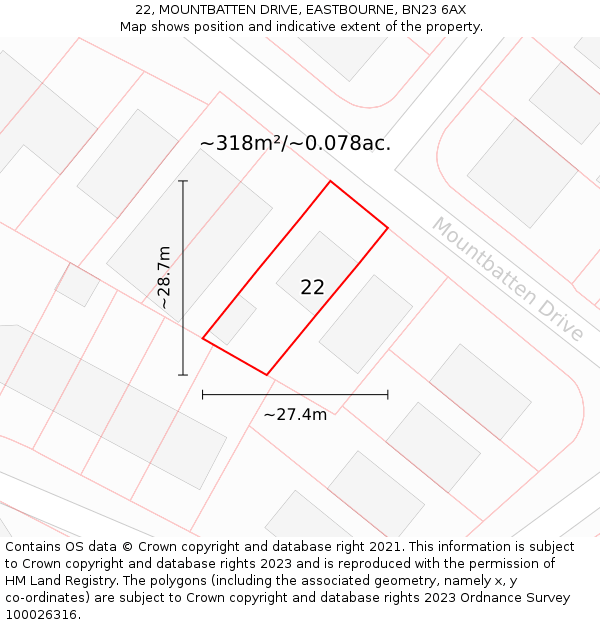 22, MOUNTBATTEN DRIVE, EASTBOURNE, BN23 6AX: Plot and title map