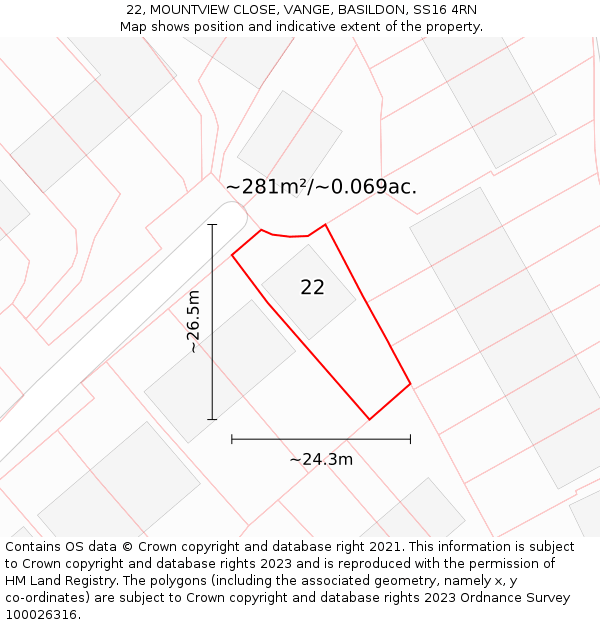 22, MOUNTVIEW CLOSE, VANGE, BASILDON, SS16 4RN: Plot and title map