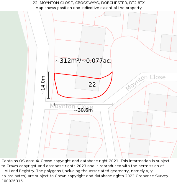 22, MOYNTON CLOSE, CROSSWAYS, DORCHESTER, DT2 8TX: Plot and title map
