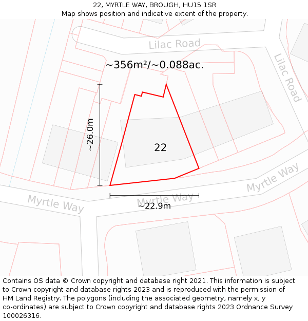 22, MYRTLE WAY, BROUGH, HU15 1SR: Plot and title map