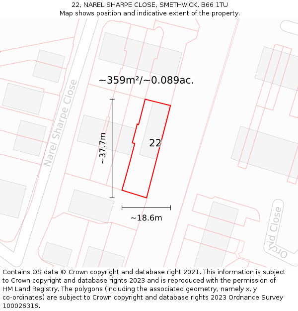 22, NAREL SHARPE CLOSE, SMETHWICK, B66 1TU: Plot and title map