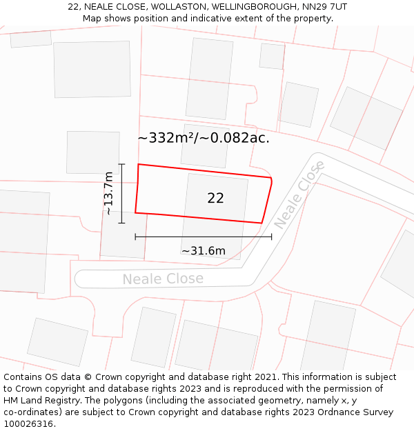 22, NEALE CLOSE, WOLLASTON, WELLINGBOROUGH, NN29 7UT: Plot and title map
