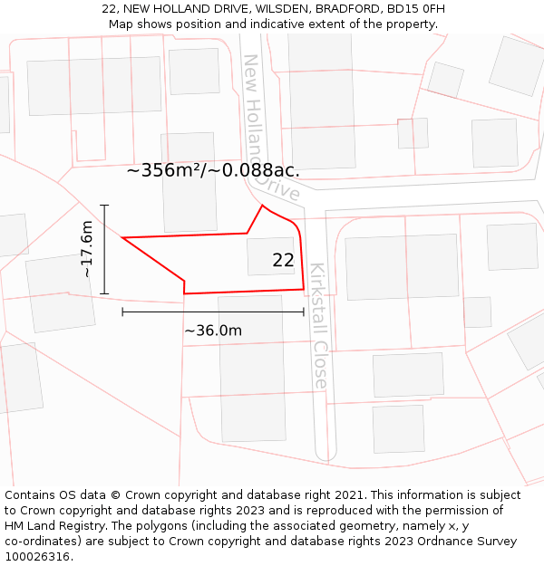 22, NEW HOLLAND DRIVE, WILSDEN, BRADFORD, BD15 0FH: Plot and title map