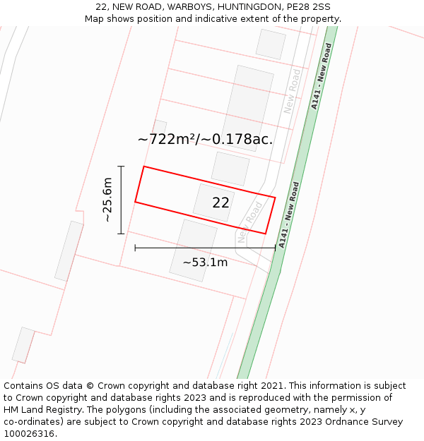 22, NEW ROAD, WARBOYS, HUNTINGDON, PE28 2SS: Plot and title map