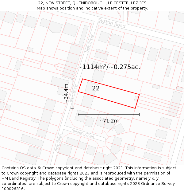 22, NEW STREET, QUENIBOROUGH, LEICESTER, LE7 3FS: Plot and title map