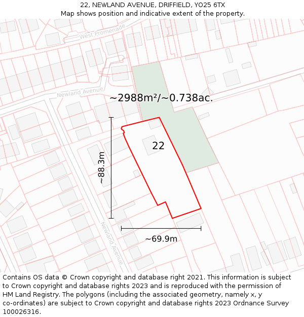 22, NEWLAND AVENUE, DRIFFIELD, YO25 6TX: Plot and title map