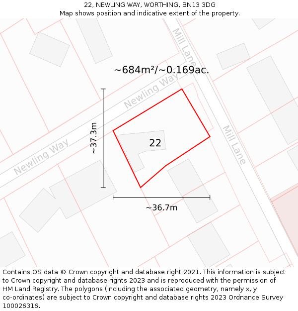 22, NEWLING WAY, WORTHING, BN13 3DG: Plot and title map