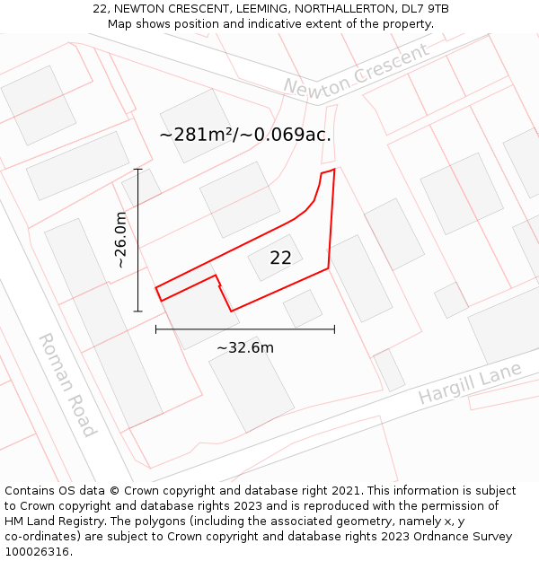 22, NEWTON CRESCENT, LEEMING, NORTHALLERTON, DL7 9TB: Plot and title map