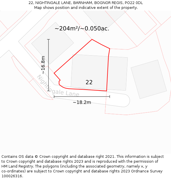 22, NIGHTINGALE LANE, BARNHAM, BOGNOR REGIS, PO22 0DL: Plot and title map