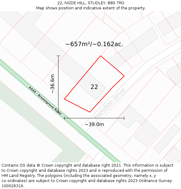 22, NODE HILL, STUDLEY, B80 7RG: Plot and title map