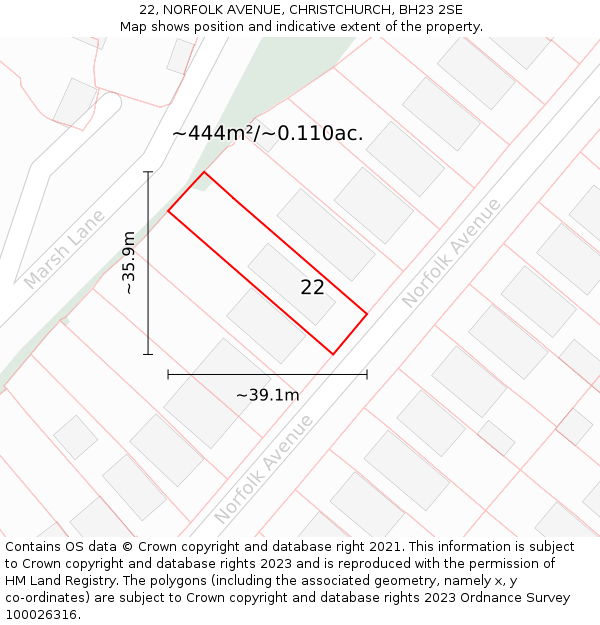 22, NORFOLK AVENUE, CHRISTCHURCH, BH23 2SE: Plot and title map