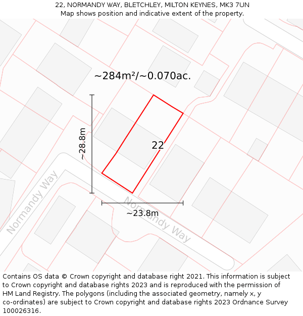 22, NORMANDY WAY, BLETCHLEY, MILTON KEYNES, MK3 7UN: Plot and title map