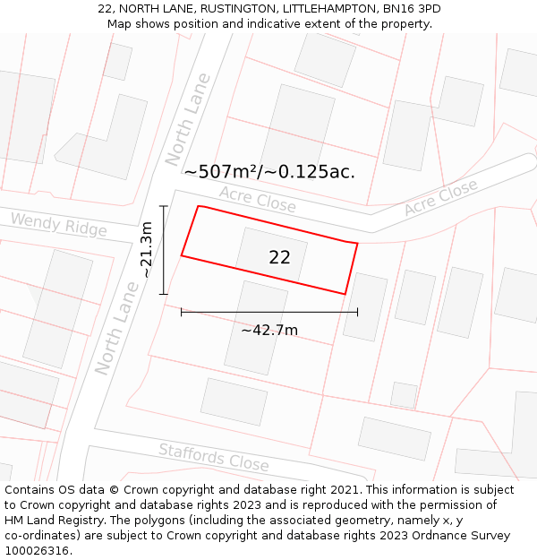 22, NORTH LANE, RUSTINGTON, LITTLEHAMPTON, BN16 3PD: Plot and title map