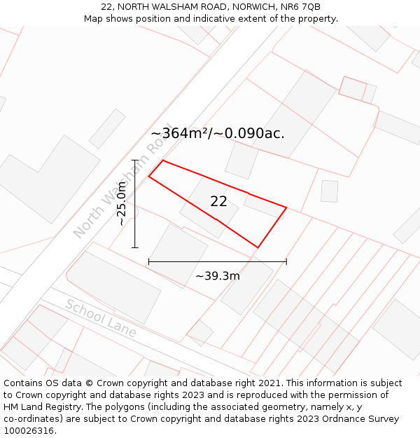 22, NORTH WALSHAM ROAD, NORWICH, NR6 7QB: Plot and title map
