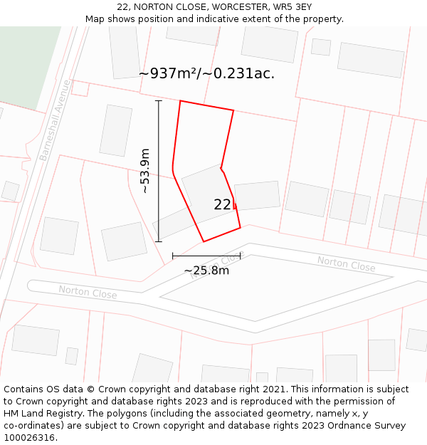 22, NORTON CLOSE, WORCESTER, WR5 3EY: Plot and title map