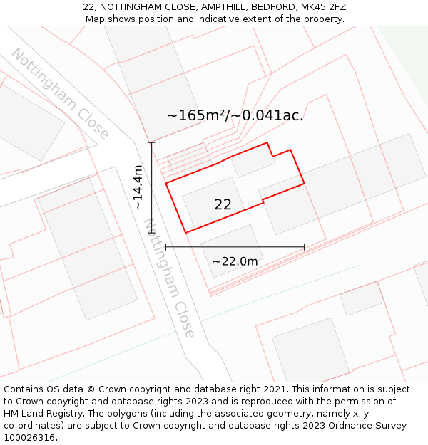 22, NOTTINGHAM CLOSE, AMPTHILL, BEDFORD, MK45 2FZ: Plot and title map