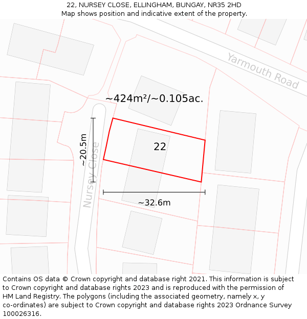 22, NURSEY CLOSE, ELLINGHAM, BUNGAY, NR35 2HD: Plot and title map