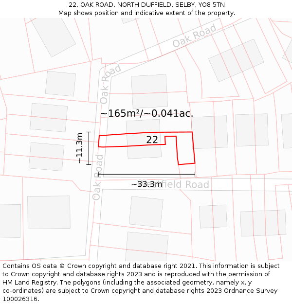 22, OAK ROAD, NORTH DUFFIELD, SELBY, YO8 5TN: Plot and title map