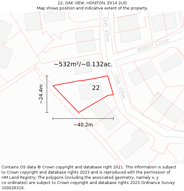 22, OAK VIEW, HONITON, EX14 2UD: Plot and title map