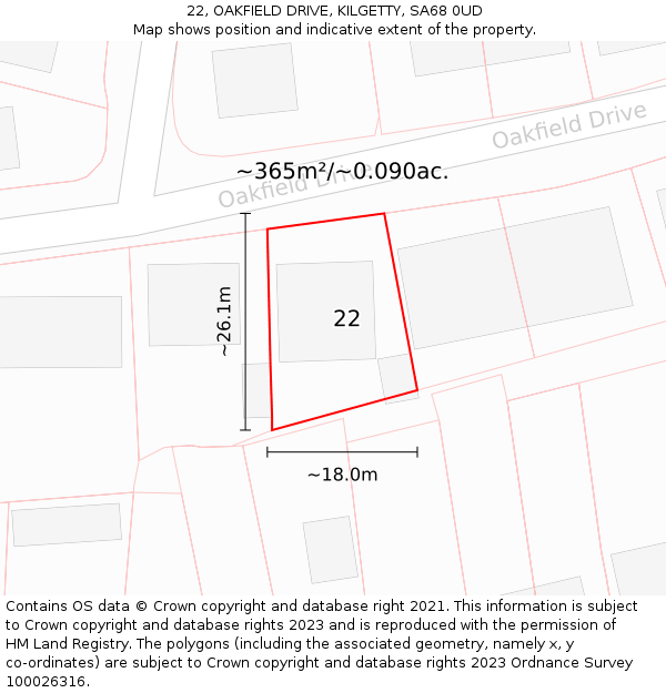 22, OAKFIELD DRIVE, KILGETTY, SA68 0UD: Plot and title map