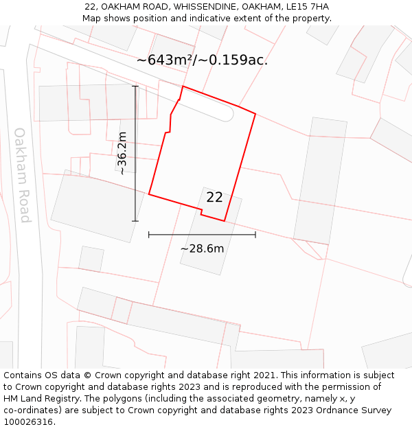 22, OAKHAM ROAD, WHISSENDINE, OAKHAM, LE15 7HA: Plot and title map