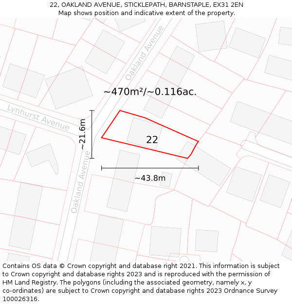 22, OAKLAND AVENUE, STICKLEPATH, BARNSTAPLE, EX31 2EN: Plot and title map