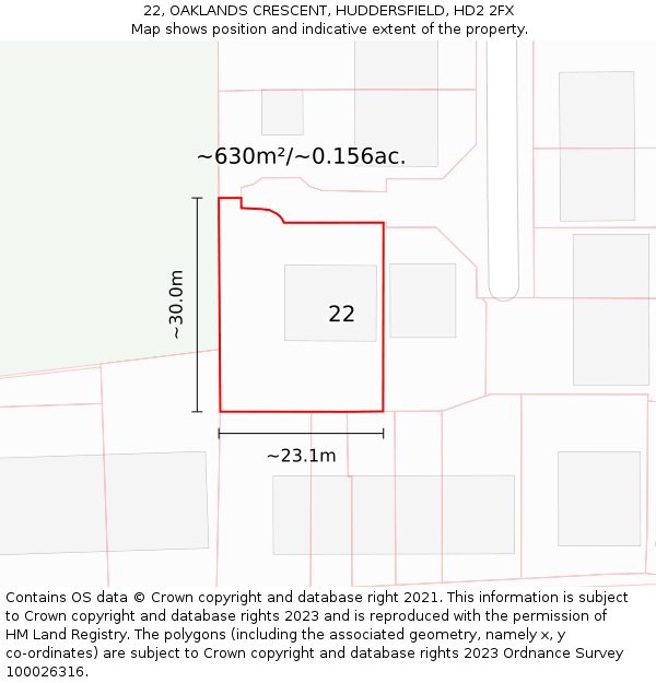 22, OAKLANDS CRESCENT, HUDDERSFIELD, HD2 2FX: Plot and title map